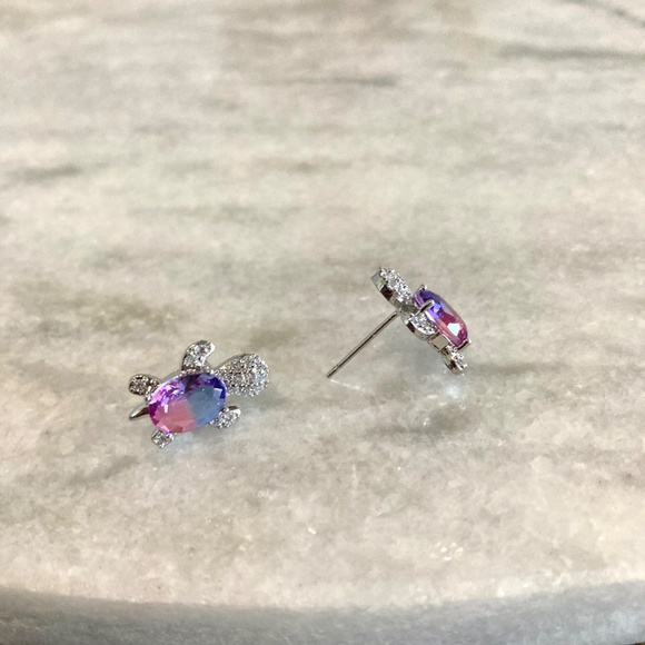 Sterling Silver Rainbow Zircon Stone Blue Purple Turtle Earrings - Picture 5 of 5